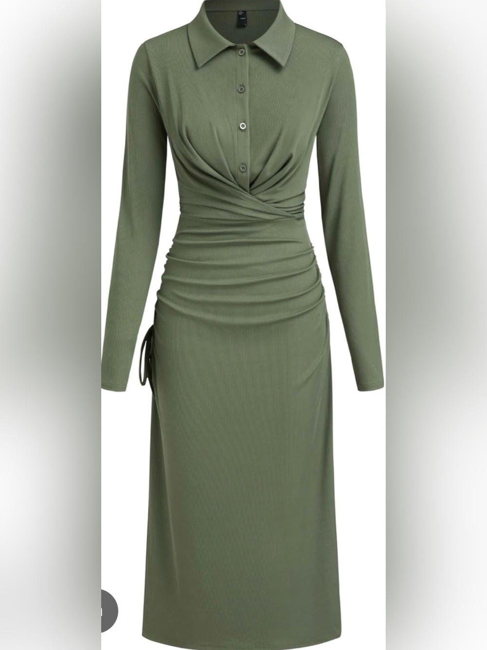Cider Olive Green Ribbed Long Sleeve Collared Ruched Midi Dress